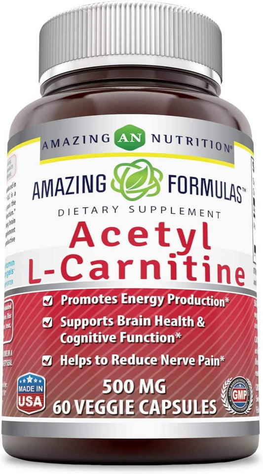 Acetyl L-Carnitine Hcl Veggie Dietary Supplement - 500Mg 60Veggie Capsules (Non Gmo,Gluten Free) per Bottle - Promotes Energy Production & Cognitive Function