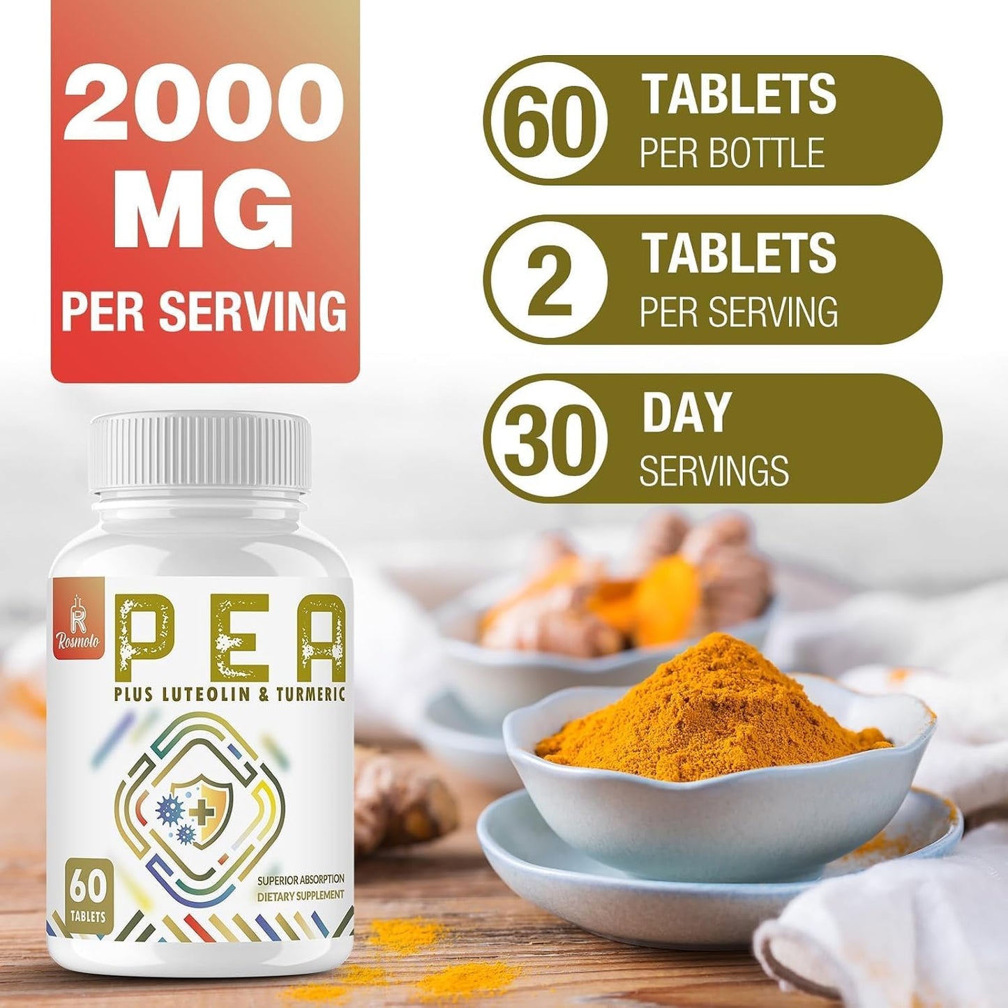 1500 MG Palmitoylethanolamide with Luteolin 98% & Turmeric, High Absorption, Micronized Pea Supplement for Discomfort Management- USA Made - 60 Tablets