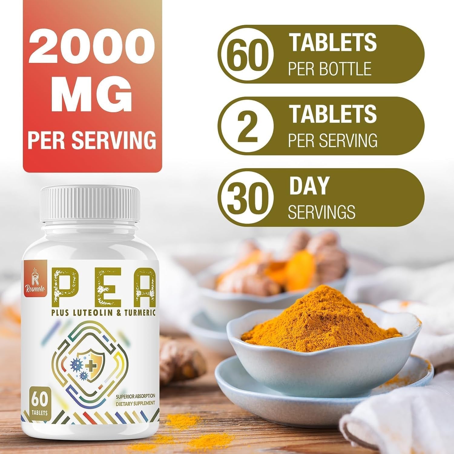 1500 MG Palmitoylethanolamide with Luteolin 98% & Turmeric, High Absorption, Micronized Pea Supplement for Discomfort Management- USA Made - 60 Tablets