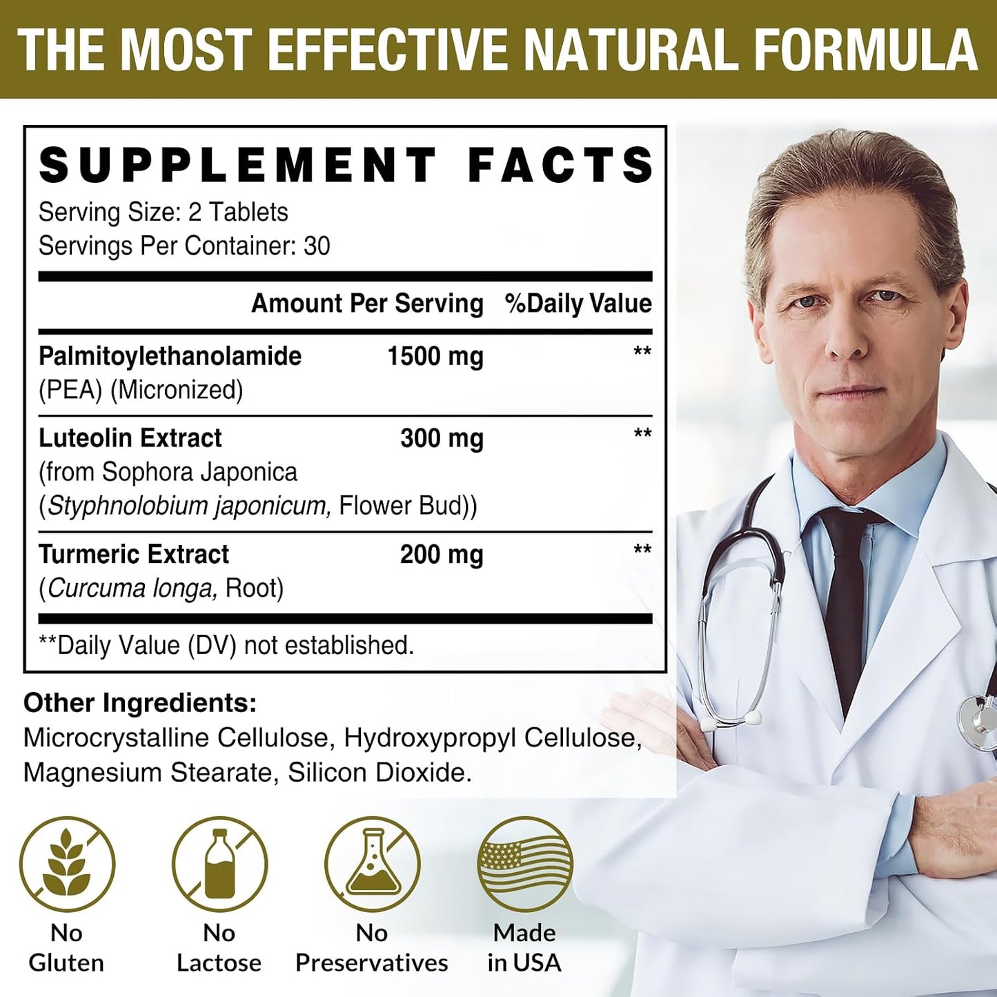 1500 MG Palmitoylethanolamide with Luteolin 98% & Turmeric, High Absorption, Micronized Pea Supplement for Discomfort Management- USA Made - 60 Tablets