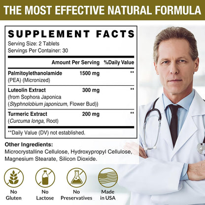 1500 MG Palmitoylethanolamide with Luteolin 98% & Turmeric, High Absorption, Micronized Pea Supplement for Discomfort Management- USA Made - 60 Tablets